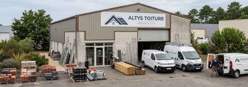 Le local d’Altys Toiture : entrepôt logoté, fourgons, échelles et stock de tuiles et de liteaux